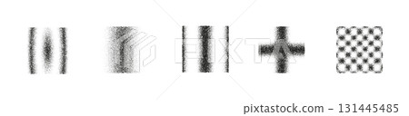 Set of noisy grain abstract shapes, blurry halftone gradient texture with lines, cross and dotted circle pattern, black and white stipple noise elements for poster, cover, digital background design 131445485