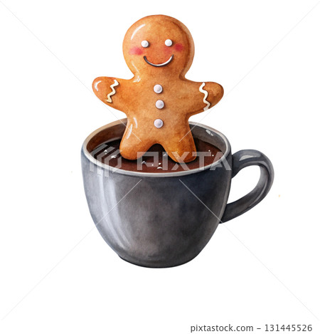 A cute gingerbread man cookie sitting inside a hot cocoa mug topped with white dripping cream A cute gingerbread man cookie sitting inside a hot cocoa mug topped with white dripping cream 131445526