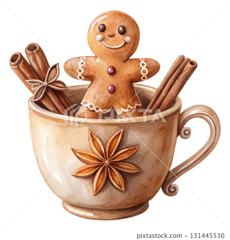 A cute gingerbread man cookie sitting inside a hot cocoa mug topped with white dripping cream 131445530
