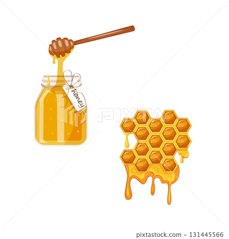 Hand drawn jar of honey and honeycomb with dripping honey drop and ladle spoon, cartoon illustration isolated on white background 131445566