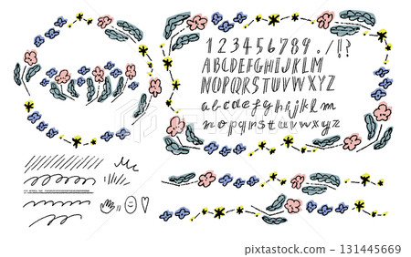 斯堪的納維亞風格時尚花卉手繪向量裝飾插圖手寫字母、字母和數字 斯堪的納維亞風格時尚花卉手繪向量裝飾插圖手寫字母、字母和數字 131445669