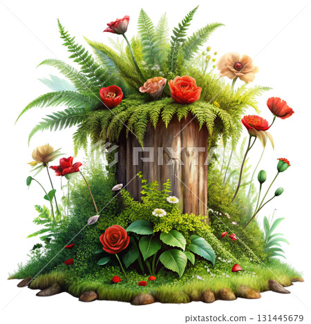 A mossy ancient tree stump with bright flowers blooming from its cracks A mossy ancient tree stump with bright flowers blooming from its cracks 131445679