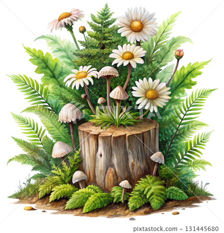 A mossy ancient tree stump with bright flowers blooming from its cracks A mossy ancient tree stump with bright flowers blooming from its cracks 131445680