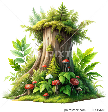 A mossy ancient tree stump with bright flowers blooming from its cracks 131445683