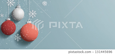 Three red and silver Christmas balls with snowflakes 131445696