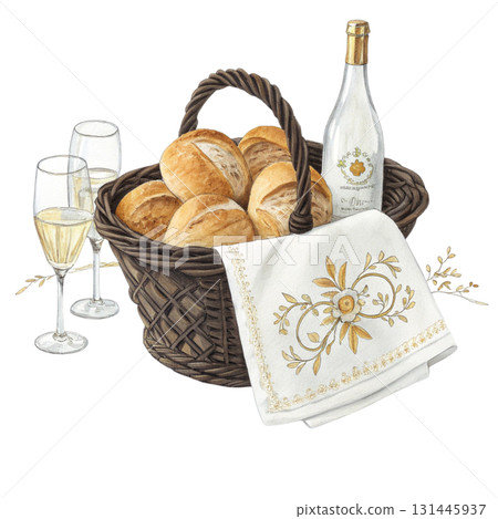 A wicker basket filled with freshly baked bread rolls baguettes and sweet buns 131445937