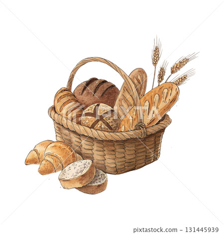 A wicker basket filled with freshly baked bread rolls baguettes and sweet buns 131445939