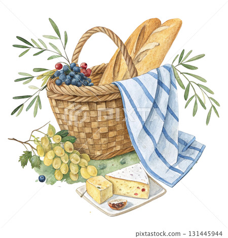 A wicker basket filled with freshly baked bread rolls baguettes and sweet buns 131445944