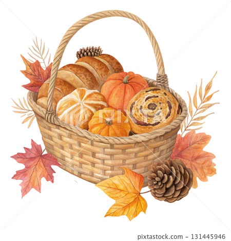 A wicker basket filled with freshly baked bread rolls baguettes and sweet buns 131445946