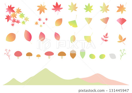 Autumn-themed illustration set icons: autumn leaves, green maples, ginkgo leaves 131445947
