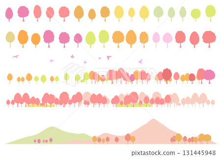 闊葉樹秋葉和山脈輪廓的插圖集-背景插圖 闊葉樹秋葉和山脈輪廓的插圖集-背景插圖 131445948