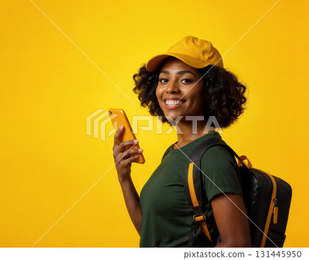 smiling african american female delivery service employee in uniform on yellow background 131445950