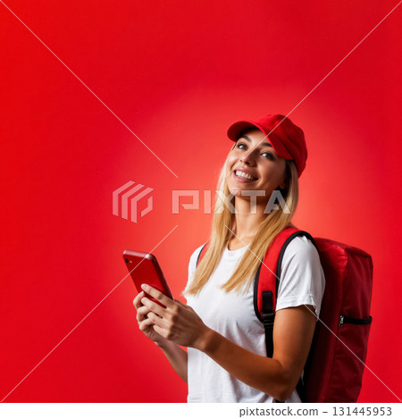 woman in a red cap and white t-shirt with a backpack and a red smartphone on a red background 131445953