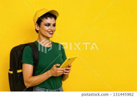 female courier in green t-shirt with smartphone and backpack on yellow background, delivery concept 131445962