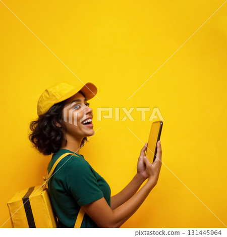 young female courier with smartphone and backpack on yellow background, delivery concept 131445964
