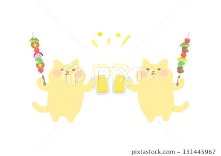 BBQ — 手繪插圖:一隻可愛的貓用啤酒和燒烤串敬酒 BBQ — 手繪插圖:一隻可愛的貓用啤酒和燒烤串敬酒 131445967