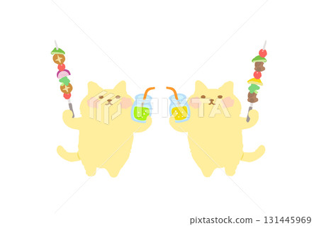 BBQ — 手繪插圖,一隻可愛的貓用飲料和燒烤串敬酒 BBQ — 手繪插圖,一隻可愛的貓用飲料和燒烤串敬酒 131445969