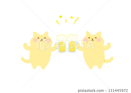 Hand-drawn illustration of a cute cat toasting with beer Hand-drawn illustration of a cute cat toasting with beer 131445972
