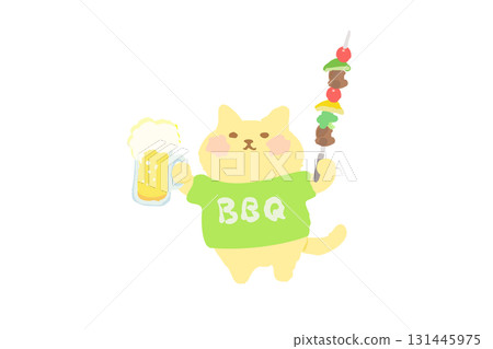 BBQ — 手繪插圖:一隻可愛的貓用啤酒和燒烤串敬酒 BBQ — 手繪插圖:一隻可愛的貓用啤酒和燒烤串敬酒 131445975