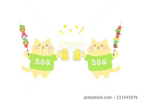 BBQ — 手繪插圖:一隻可愛的貓用啤酒和燒烤串敬酒 BBQ — 手繪插圖:一隻可愛的貓用啤酒和燒烤串敬酒 131445976