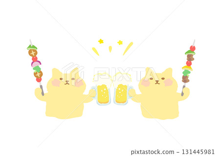 BBQ — 手繪插圖：一隻可愛的貓用啤酒和燒烤串敬酒 131445981