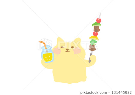 BBQ - Hand-drawn illustration of a cute cat toasting with a drink and barbecue skewers 131445982