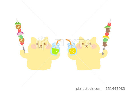 BBQ — 手繪插圖，一隻可愛的貓用飲料和燒烤串敬酒 131445983