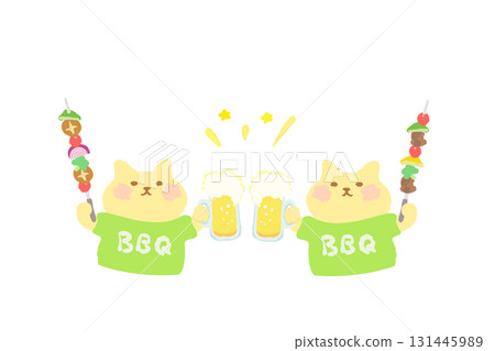 BBQ - Hand-drawn illustration of a cute cat toasting with beer and barbecue skewers 131445989