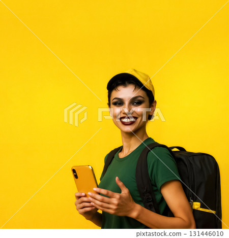female courier in green t-shirt with smartphone and backpack on yellow background, delivery concept female courier in green t-shirt with smartphone and backpack on yellow background, delivery concept 131446010