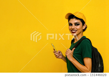 young woman in a green t-shirt with a backpack and a mobile phone on a yellow background 131446020
