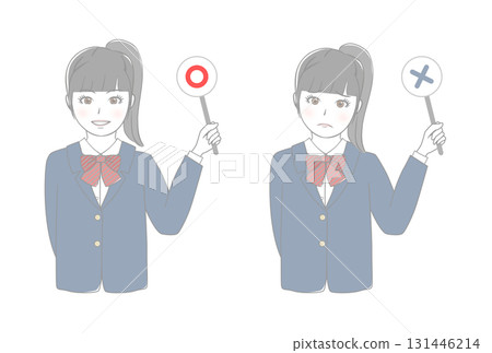 A female student holding a check mark and cross mark board 131446214