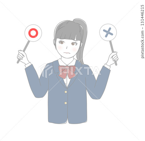 A female student holding a check mark and cross mark board A female student holding a check mark and cross mark board 131446215