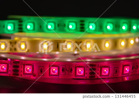 Close-up of RGB LED strips glowing in red, yellow and green Close-up of RGB LED strips glowing in red, yellow and green 131446455