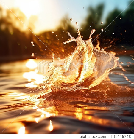 an AI Image Generator, Dynamic Water Splash at Sunset with Fiery Reflections i 131446748