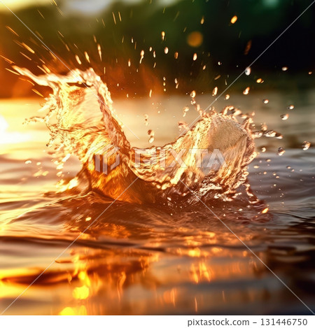 an AI Image Generator, Dynamic Water Splash at Sunset with Fiery Reflections i 131446750