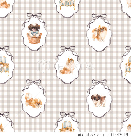 Cute Dog Seamless Print design, Shih Tzu Illustrations with Bows and Frames 131447019