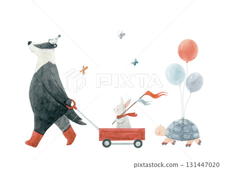 Adorable watercolor children illustration of cute animal friends badger, rabbit and turtle with balloons. Perfect for nursery wall art and kids decor Adorable watercolor children illustration of cute animal friends badger, rabbit and turtle with balloons. Perfect for nursery wall art and kids decor 131447020