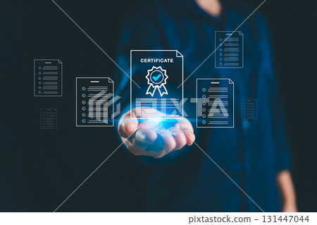 Businesswoman shows approved certificate and checklist document online, representing concept of top service, quality management, adherence to ISO standards globally trusted certificate in business. Businesswoman shows approved certificate and checklist document online, representing concept of top service, quality management, adherence to ISO standards globally trusted certificate in business. 131447044