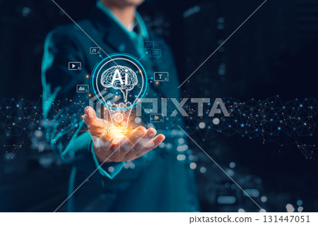 Businesswoman embraces the AI creative innovation concept, with a light bulb symbolizing artificial intelligence powering the modern digital generation of text, image, video, and audio content. Businesswoman embraces the AI creative innovation concept, with a light bulb symbolizing artificial intelligence powering the modern digital generation of text, image, video, and audio content. 131447051