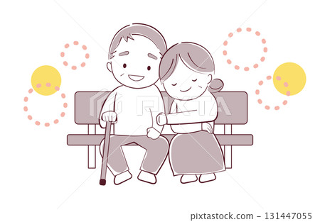 Senior couple sitting on a bench and cuddling Senior couple sitting on a bench and cuddling 131447055