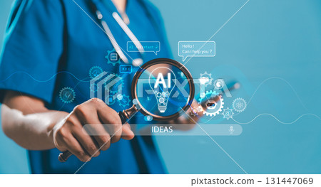 Medical innovation with AI assistant concept showing doctor using magnifying glass to highlight glowing light bulb idea icon, symbolizing healthcare technology, digital diagnosis, smart solutions. 131447069