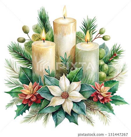 Watercolor illustration of burning candles in soft pastel colors watercolor white background 131447267