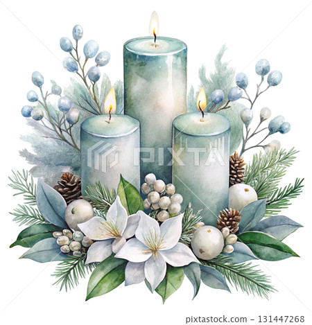 Watercolor illustration of burning candles in soft pastel colors watercolor white background 131447268