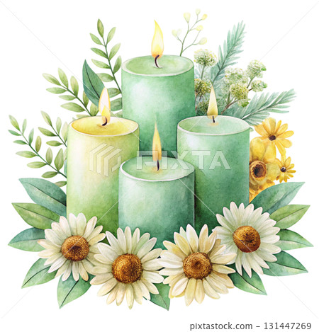 Watercolor illustration of burning candles in soft pastel colors watercolor white background 131447269