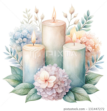 Watercolor illustration of burning candles in soft pastel colors watercolor white background Watercolor illustration of burning candles in soft pastel colors watercolor white background 131447272
