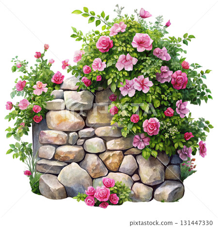 Watercolor illustration of a rustic stone wall with soft stacked rocks blooming flower and tall green grasses sprouting 131447330