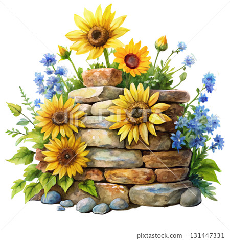 Watercolor illustration of a rustic stone wall with soft stacked rocks blooming flower and tall green grasses sprouting 131447331