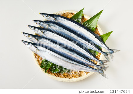 白色背景的新鮮秋刀魚竹籃 白色背景的新鮮秋刀魚竹籃 131447634