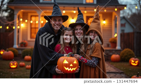 Happy family of four dressed in creative halloween costumes standing in front of decorated house 131447694