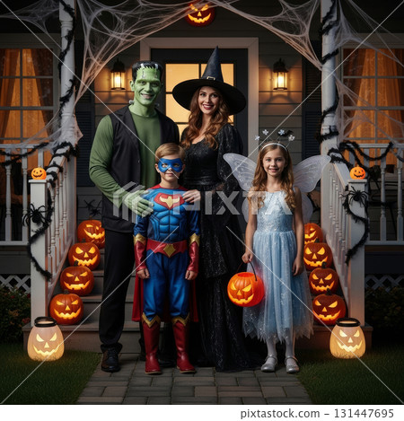 Happy family of four dressed in creative halloween costumes standing in front of decorated house 131447695